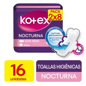 Toallas Higiénicas Kotex Nocturna x 8 unds + Toallas Nocturnas x 8 unds