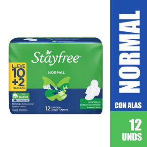 Toallas Higiénicas Stayfree con Alas x 10 unds. Pague 10. Lleve 12 unds